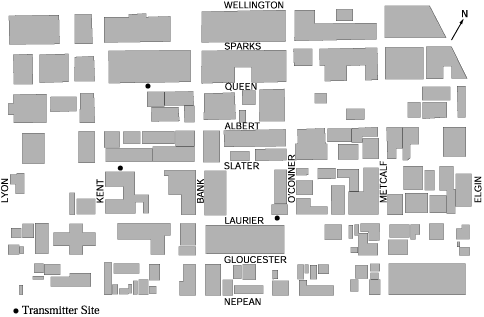 Abbildung 1: Karte von Ottawa mit Straßennamen und Senderstandorten