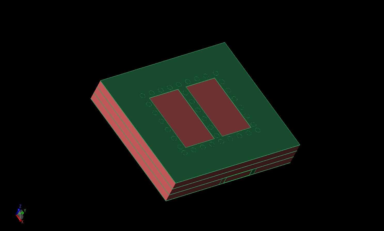 Bild 1: Ein dreidimensionales CAD-Rendering des SIC-angeregten 2x2-Antennenelements ist mit Metallschichten in grün und LTCC-Schichten in rot dargestellt.