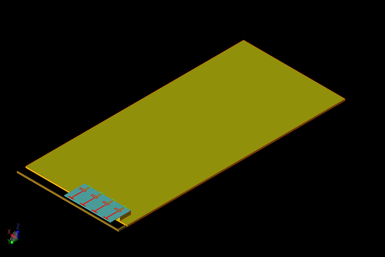 Abbildung 1: Das Smartphone-Design wird in einer dreidimensionalen CAD-Darstellung gezeigt, wobei die 4G-Antennen- und 5G-Array-Strukturen links an einem Ende der großen Grundplatte sichtbar sind.