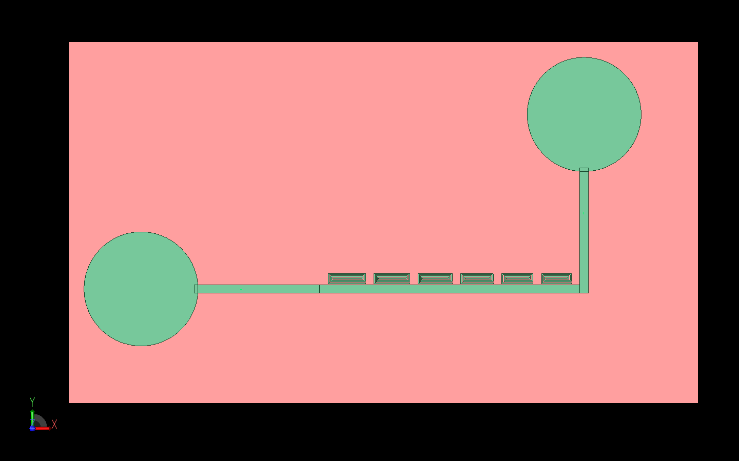 Abbildung 1: Der RFID-Tag, bestehend aus zwei UWB-Monopol-Scheibenantennen und sechs Spiralresonatoren, ist als CAD-Modell in XFdtd dargestellt.