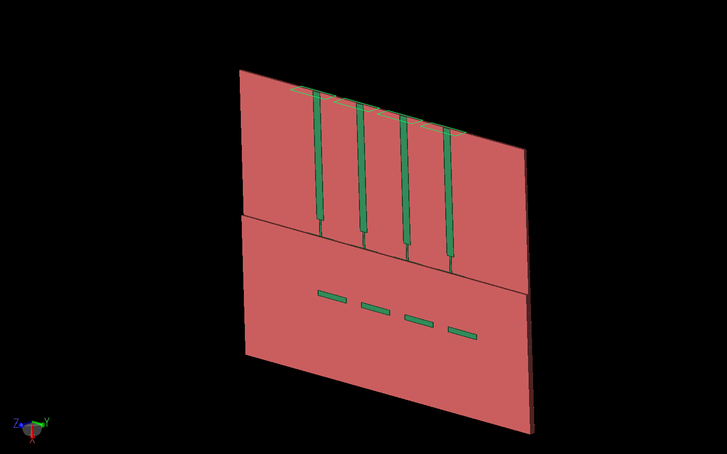 Abbildung 2: Das Antennen-Array ist dreidimensional dargestellt, wobei der Rand der oberen Substratschicht über den Patches besser sichtbar ist. Die vier nodalen Hohlleiteranschlüsse sind auf der Oberseite des Arrays sichtbar.
