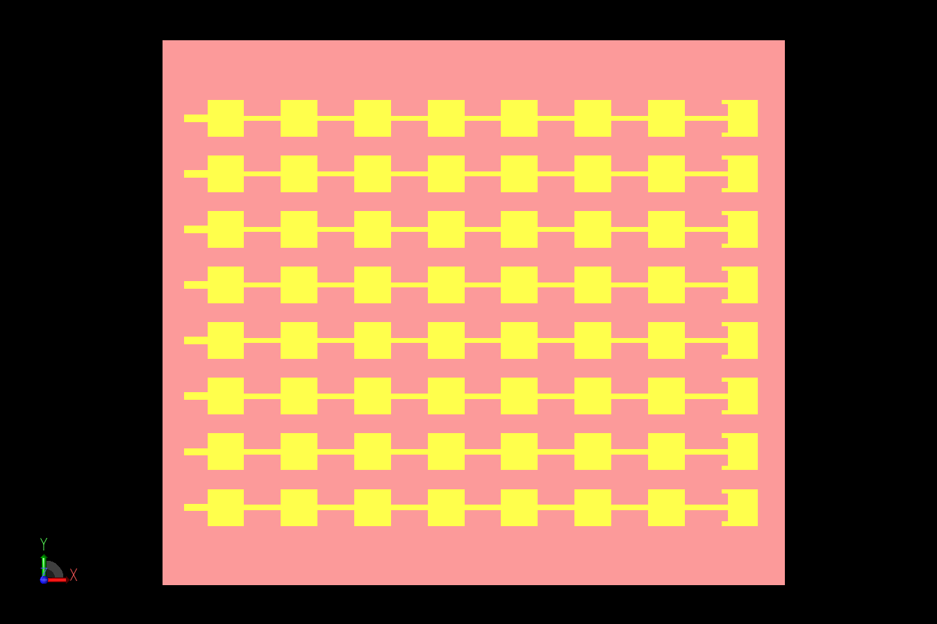 Abbildung 5: Die Abbildung zeigt eine CAD-Darstellung der Kombination von acht 1x8-Elementen zu einem Array. Die Elemente haben einen Abstand von 5,352 mm von Mitte zu Mitte.
