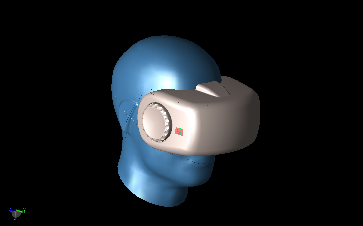 Abbildung 8: Das Antennen-Array ist auf einem Virtual-Reality-Headset montiert. Das Headset ist an einem Phantomkopfmodell befestigt.