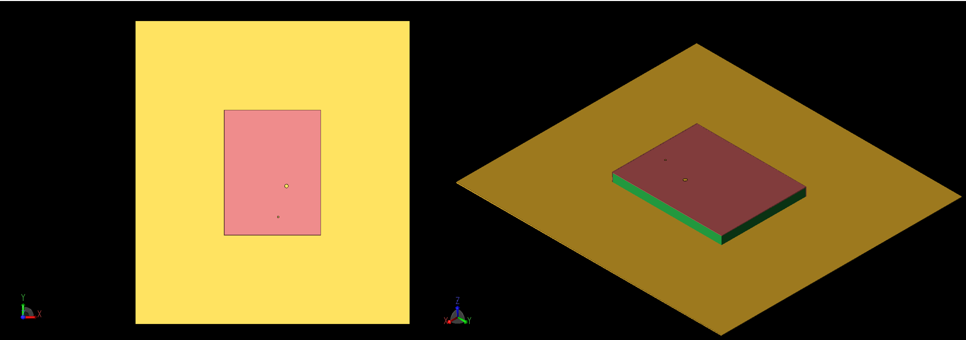 Abbildung 1: Die Geometrie der Patch-Antenne ist von oben (links, 1a) und im Winkel (rechts, 1b) dargestellt. Die koaxiale Einspeisung und das Via sind als große und kleine Kreise auf der Oberseite des Patches sichtbar. Die -X- und -Y-Seiten des Patches sind mit der Grundplatte kurzgeschlossen.