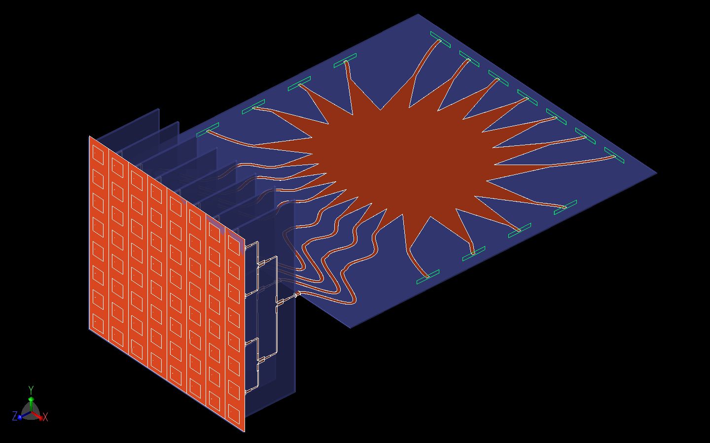 Abbildung 14: Hier ist das komplette System aus Rotman-Linseneingang, Wilkinson-Leistungsteilerstufe und 8x8-Patch-Antennengruppe als dreidimensionales CAD-Modell dargestellt.
