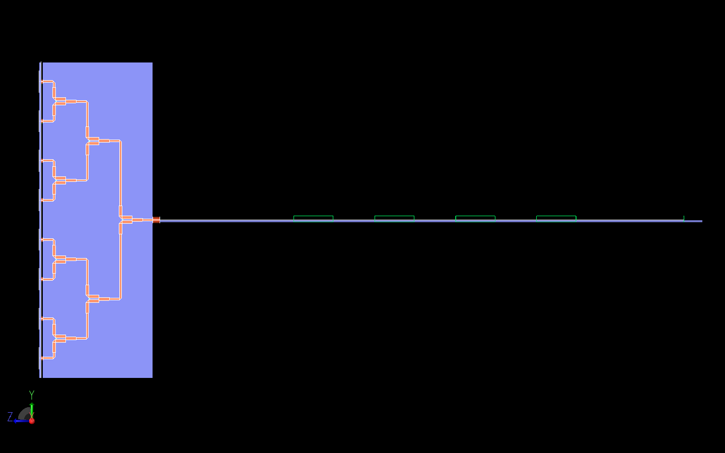 Abbildung 15: Dies ist eine Seitenansicht des gesamten Systems, in der der dreistufige Wilkinson-Leistungsteiler deutlicher zu sehen ist.