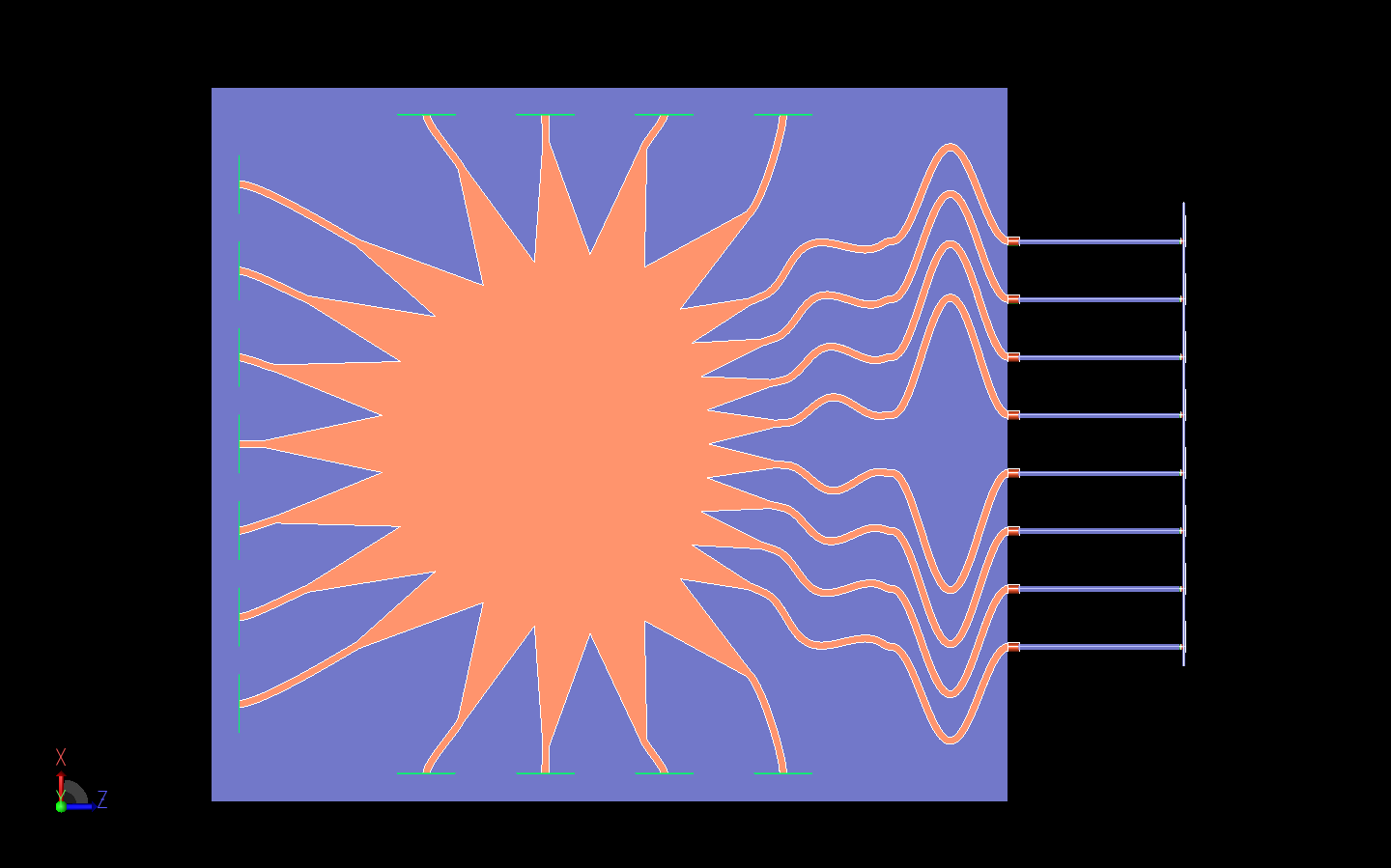 Abbildung 16: Dies ist eine Draufsicht auf das gesamte System, in der die Rotman-Linse und die Array-Übertragungsleitungen deutlicher zu sehen sind.
