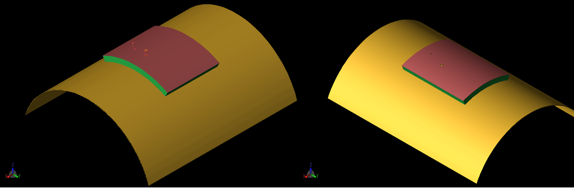Abbildung 7: Das Pflaster ist in einer gekrümmten Konfiguration dargestellt, bei der der Kurvenradius 40 mm beträgt. Auf der linken Seite (7a) verläuft die Krümmung um die X-Achse, auf der rechten Seite (7b) um die Y-Achse. Ähnliche Geometrien wurden für eine Krümmung von 80 mm r simuliert...