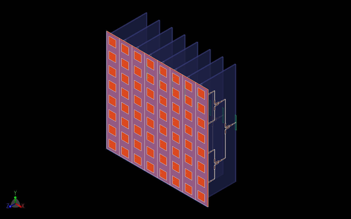 Abbildung 8: Die Abbildung zeigt die dreidimensionale CAD-Darstellung der 8x8-Patch-Antennengruppe und der acht Wilkinson-Leistungsteiler, die an den Antennen angebracht sind. Hier wurde die Rotman-Linse durch acht Eingangshohlleiteranschlüsse auf der...