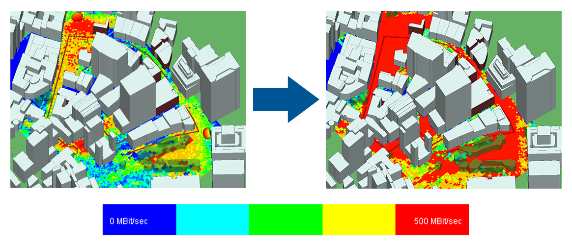Seite-an-Seite-Vergleich des Durchsatzes im Stadtzentrum mit Einzelantennen (links) und MIMO-Beamforming (rechts).