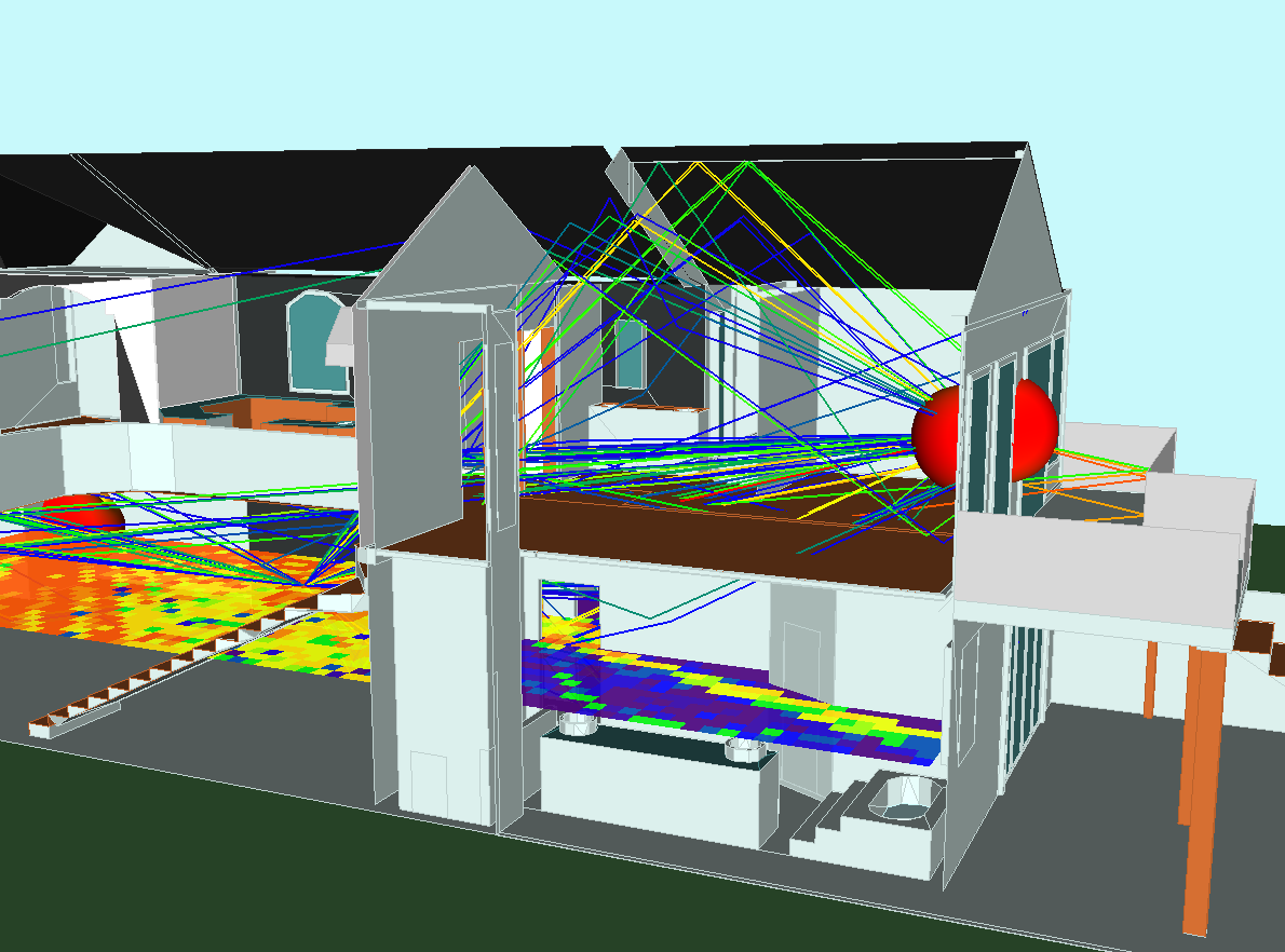 Wireless InSite-Simulation von WLAN in einem Haus mit Darstellung der Ausbreitungswege und des Durchsatzes.