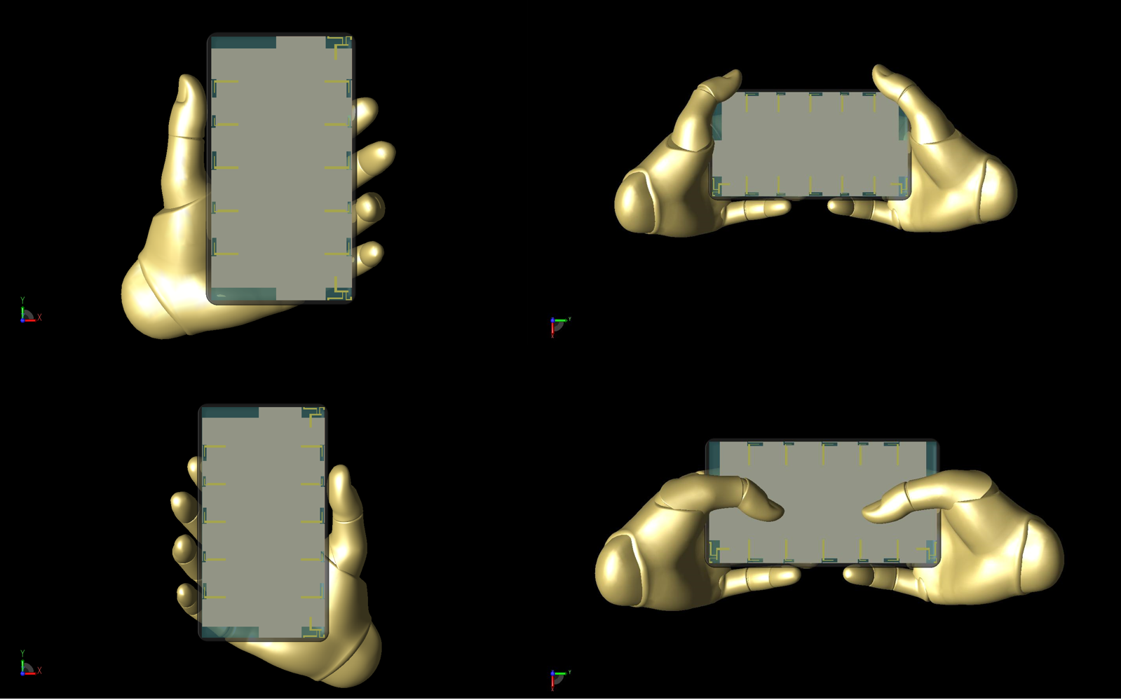 Abbildung 15: Abgebildet sind die vier Positionen des in der Studie verwendeten Poseable Hand-Modells, die mithilfe von Steuerelementen in XFdtd positioniert wurden. Im Uhrzeigersinn von oben links: linke Hand halten, zwei Hände an der Seite, zwei Hände tippen und rechte Hand halten.