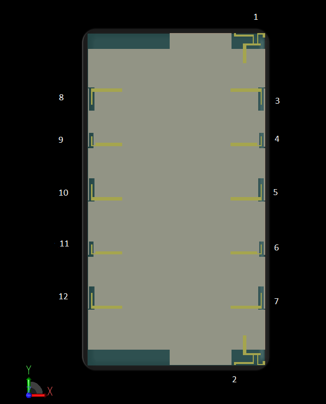 Abbildung 1: Eine CAD-Ansicht des Geräts in der XFdtd-Softwareoberfläche zeigt, dass der Bildschirm und alle Antennen in der XY-Ebene liegen. Die Antennenelemente sind am Rand des Geräts von 1 bis 12 nummeriert.