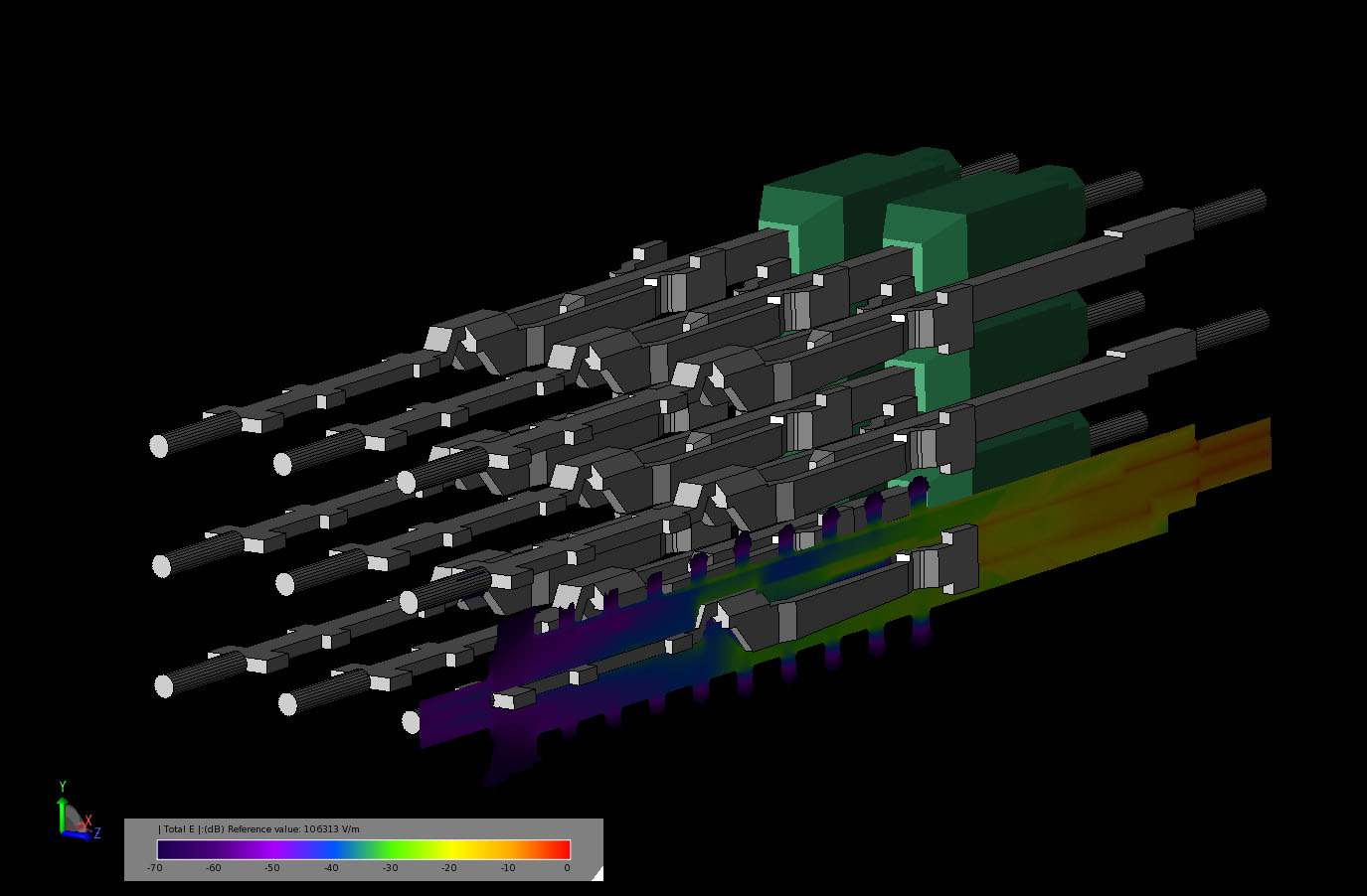 Abbildung 6Transientes elektrisches Feld in einem Querschnitt des Steckverbinders, wenn das Feld gerade den Ausgangsanschluss erreicht.