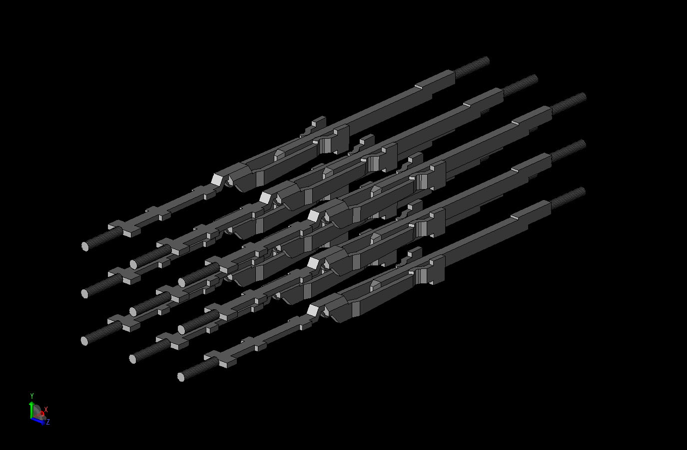 Abbildung 3: CAD-Ansicht des Steckverbinders, bei der nur die Stifte sichtbar sind. Wie zu sehen ist, treffen sich die Stifte in der Mitte der Stecker- und Buchsenteile.
