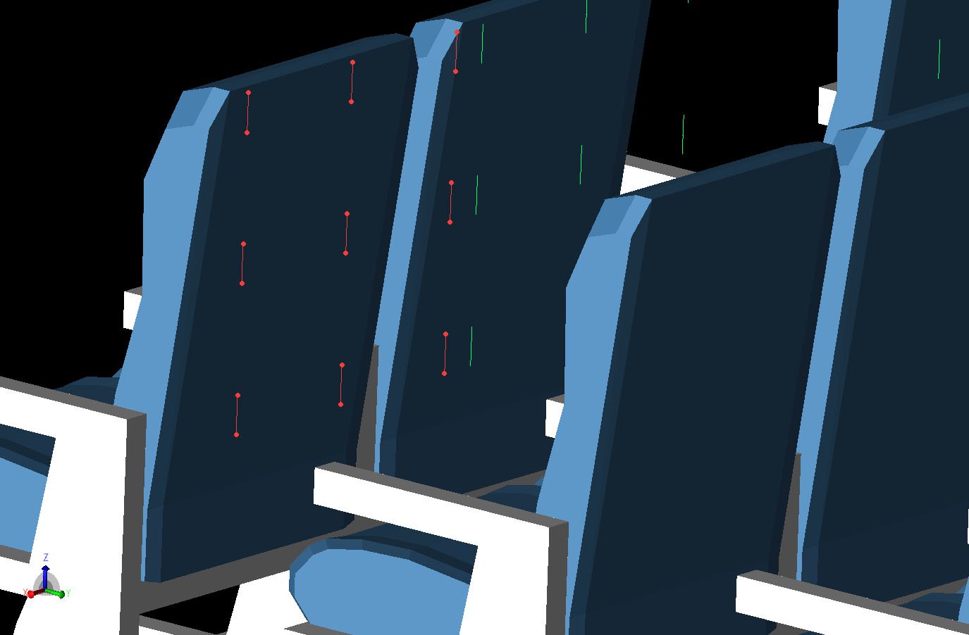 Abbildung 3Das 3x3-Raster der als Dipole definierten Sensorpositionen ist hinter einer der Sitzlehnenpositionen dargestellt. Die Sensorgitter befinden sich hinter den Sitzen in jeder zweiten Reihe der Kabine für die ersten drei Sitzreihen.