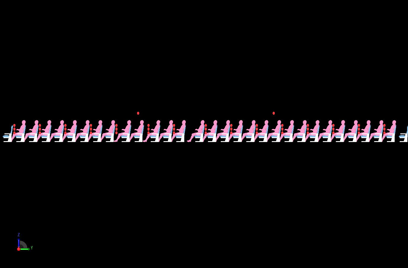 Abbildung 6In dieser Seitenansicht sind die Männer in den Sitzen dargestellt, und die Sensorarrays, die zur Erfassung der S-Parameterdaten verwendet werden, sind als rote Ovale dargestellt. Die beiden Sendeantennen befinden sich in der Höhe der Decke.