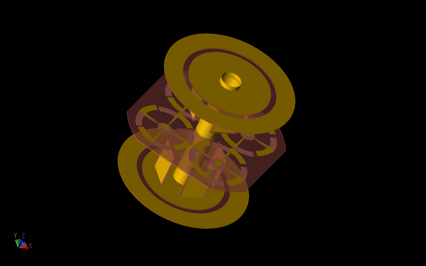 Abbildung 1: Die Abbildung zeigt eine dreidimensionale CAD-Darstellung des Antennen-Arrays mit elektrischen Monopol-Arrays über kreisförmigen Grundflächen am oberen und unteren Ende des Geräts und einem flachen, viergliedrigen magnetischen Dipol-Array in der Mitte. Die Goldmatte...