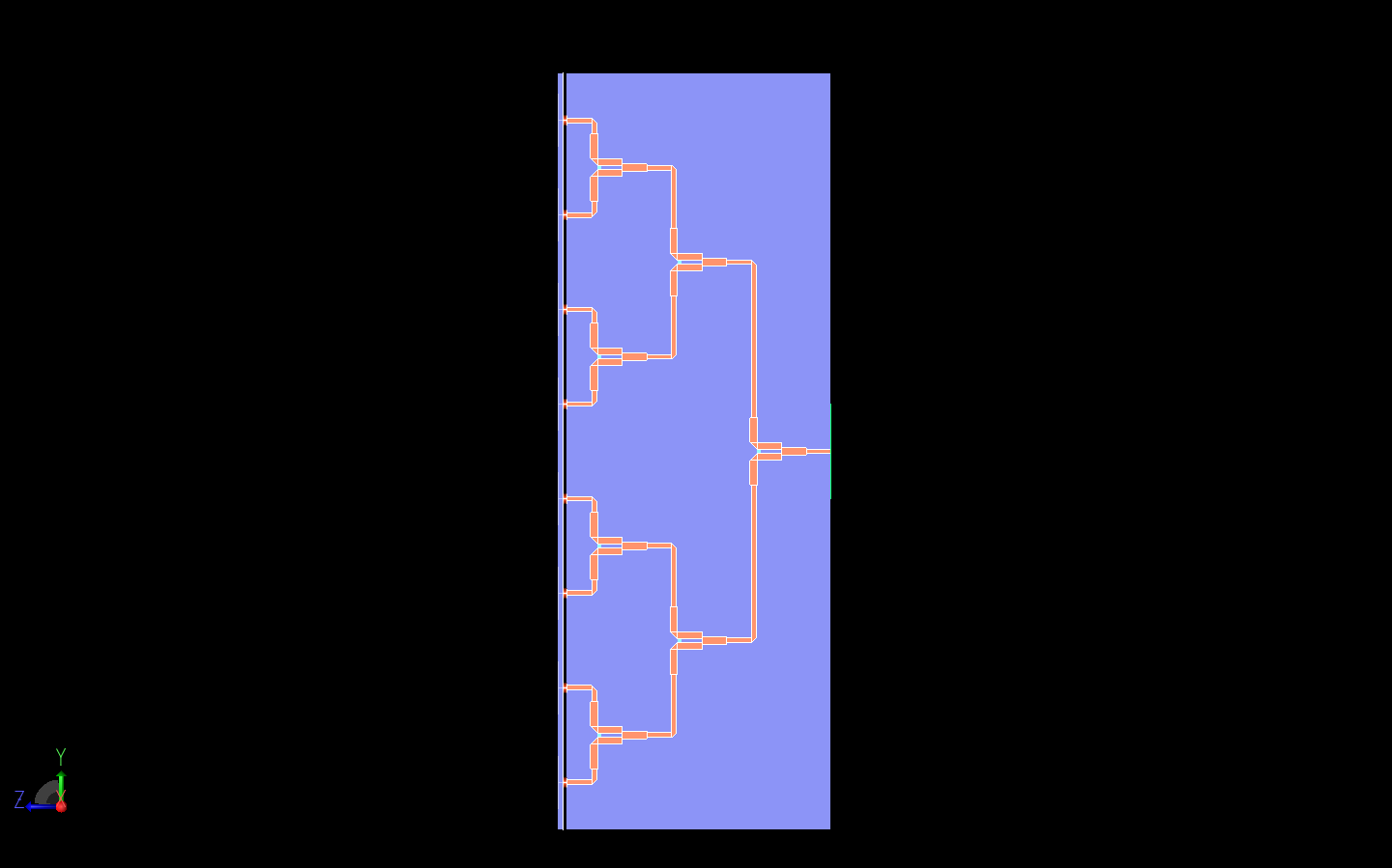 Abbildung 9: Es wird eine Seitenansicht des Wilkinson-Leistungsteilers gezeigt, die die drei Stufen der Teilung des Signals deutlich erkennen lässt.