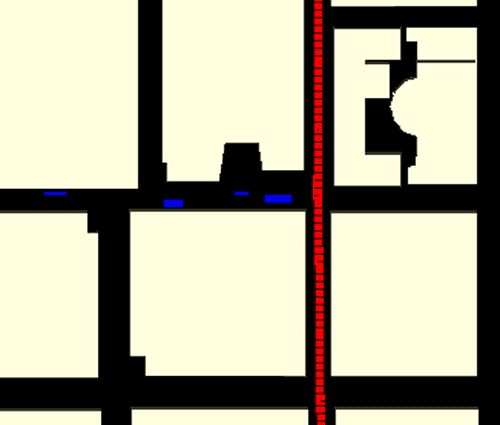 Abbildung 12. Die rechteckigen blauen Strukturen werden hinzugefügt, um den Verkehr in der Nähe der Kreuzung auf der AOB zu simulieren.