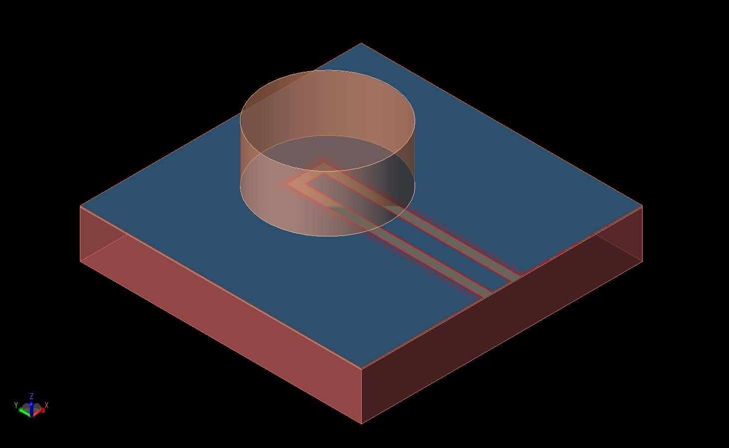 Abbildung 1: Eine dreidimensionale Ansicht der dielektrischen On-Chip-Resonatorantenne ist als CAD-Zeichnung zu sehen.  Der zylindrische Resonator ist oberhalb des koplanaren Wellenleiters dargestellt.  Die Silizium-Basisschicht befindet sich im unteren Bereich.