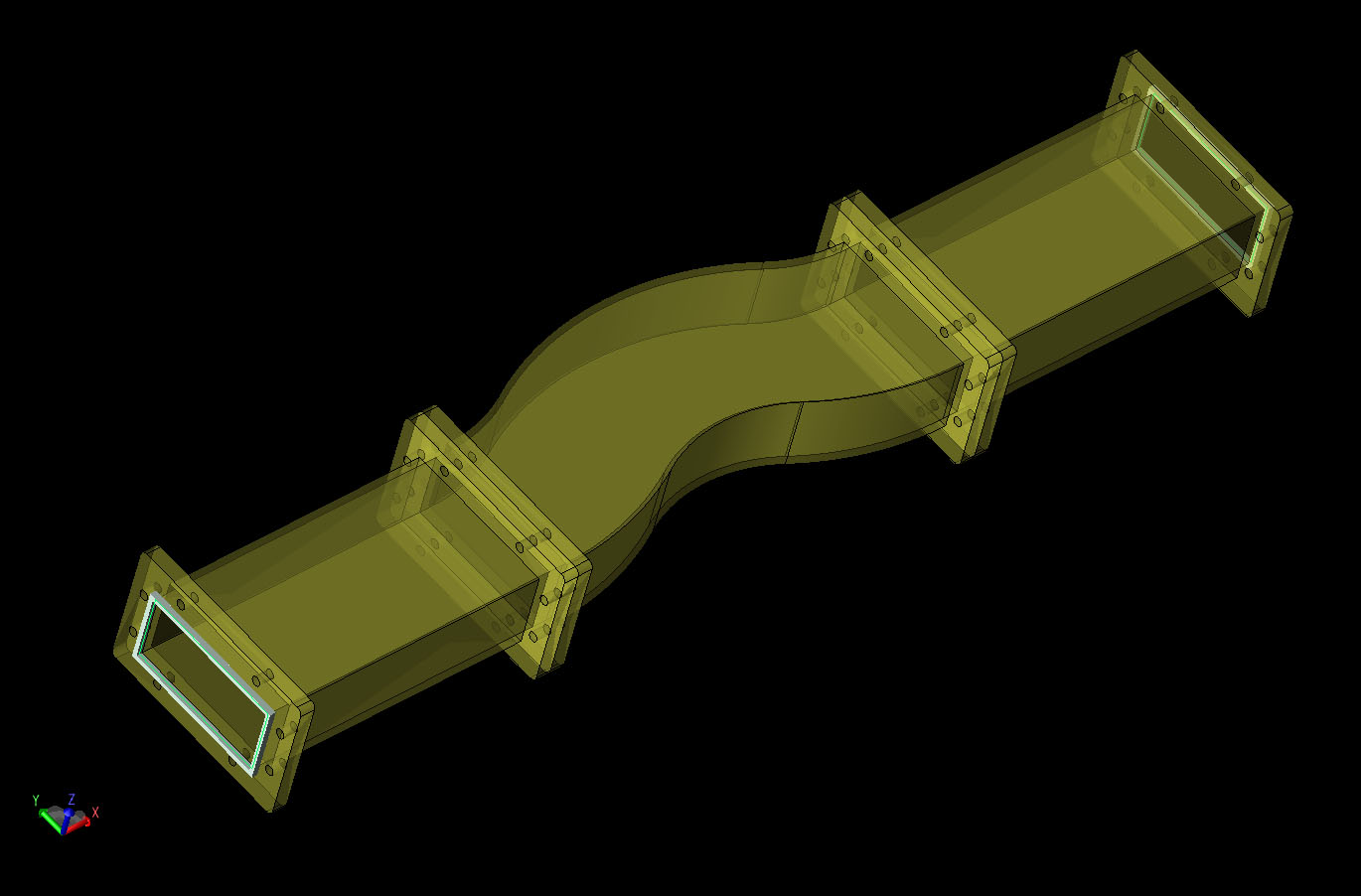 Abbildung 6: CAD-Geometrie des dreifach gekrümmten Hohlleitermoduskonverters.