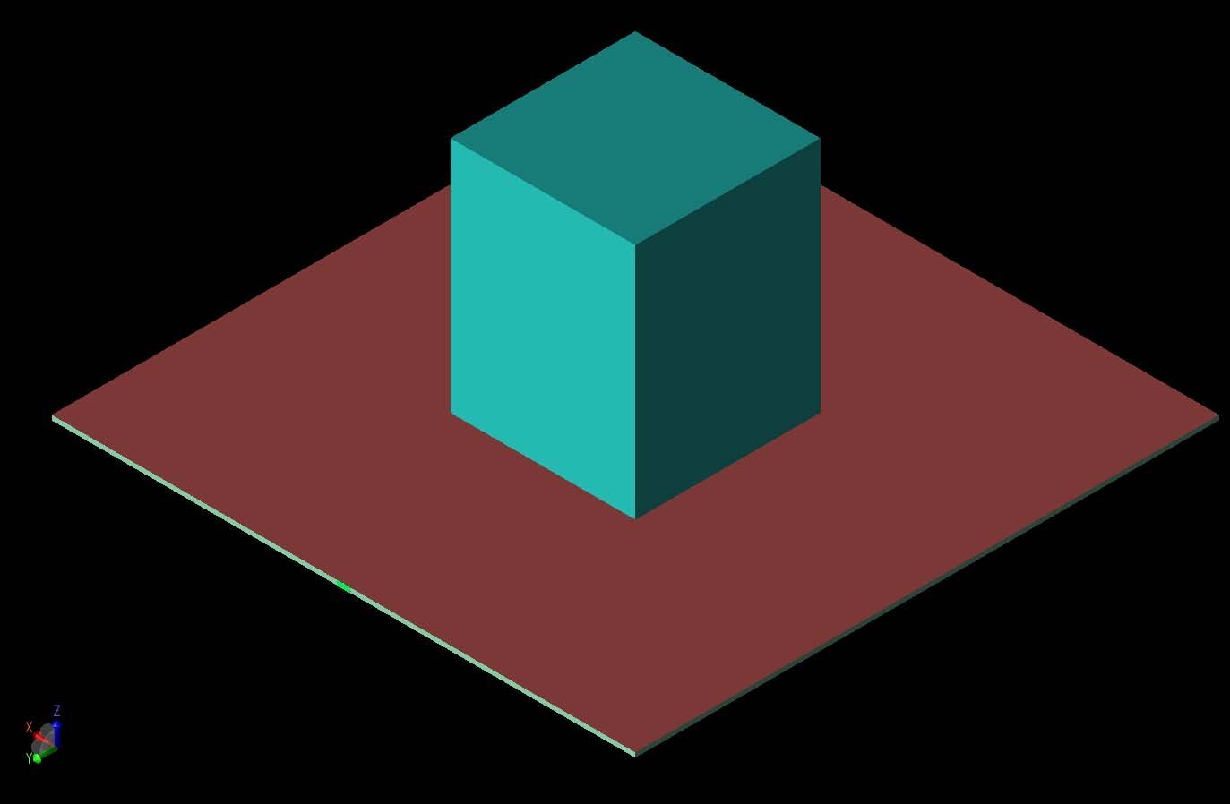 Abbildung 1: Eine dreidimensionale CAD-Ansicht der Antennengeometrie mit dem dielektrischen Resonatorblock in der Mitte der Grundplatte ist zu sehen.