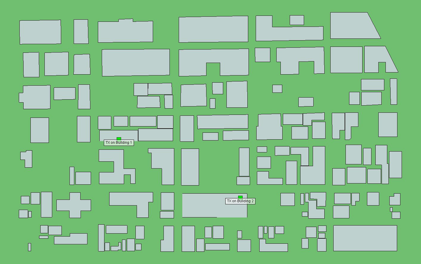 Abbildung 1Senderstandorte in einer städtischen Umgebung, dargestellt durch grüne Kästen.