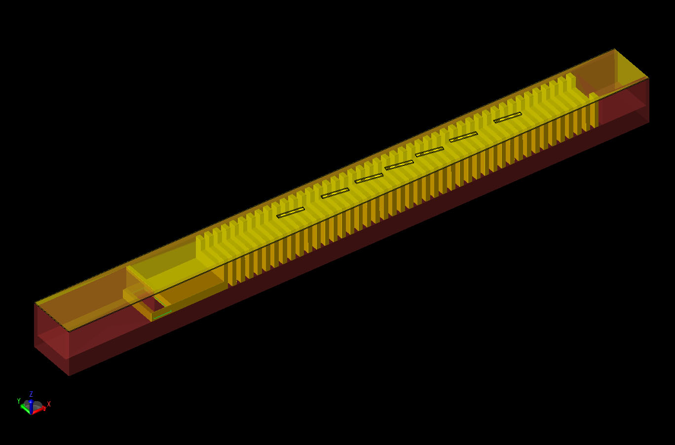 Abbildung 1: CAD-Ansicht der in XFdtd konstruierten Geometrie, die den CRLH-Hohlleiter und die abstrahlenden Schlitze zeigt.