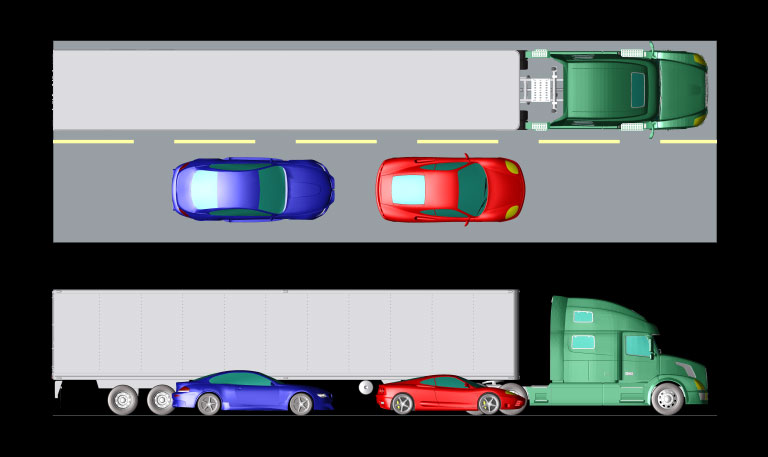 Abbildung 1: Aufbau mit zwei Personenkraftwagen und einer Sattelzugmaschine auf einer Fahrbahn.