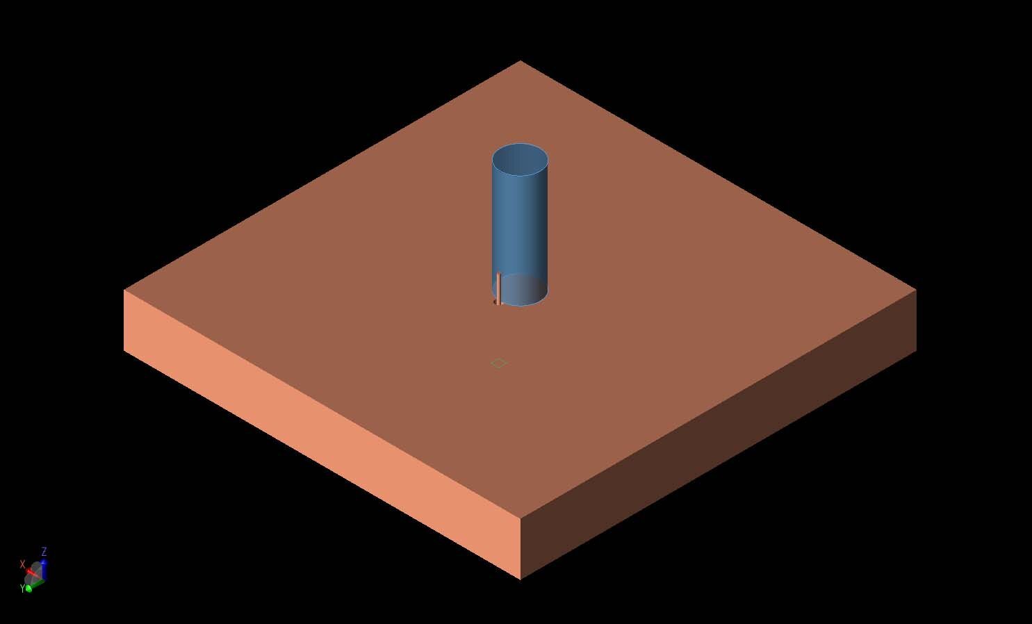 Abbildung 1: Eine dreidimensionale CAD-Darstellung der Geometrie zeigt eine leitende Grundplatte unter einem zylindrischen dielektrischen Resonator mit einer Dielektrizitätskonstante von 7. Der Resonator wird durch eine koaxiale Sonde auf einer Seite des Zylinders angeregt...