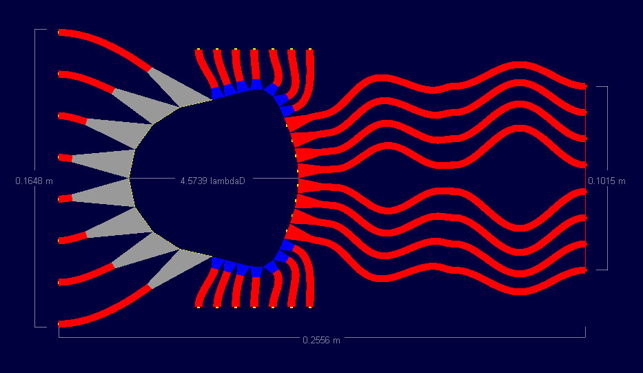 Abbildung 10: Das Bild zeigt das überarbeitete Design der Rotman-Linse auf einem 1,524 mm Substrat. Diese Linse hat kleinere Dummy-Ports, die beim Linsenlayout hilfreich waren, und längere Array-Übertragungsleitungen, die eine bessere Anordnung der Leitungen ermöglichen